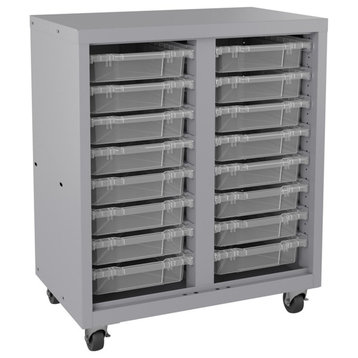 Hirsh Mobile Bin Storage Metal Cabinet with 16 plastic bins 36x30x18 Silver