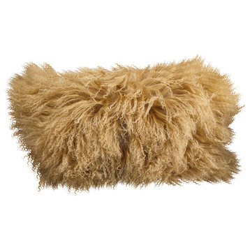 Mongolian Lamb Fur Poly Filled Throw Pillow, Gold, 12"x20"