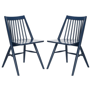 Set of 2 Dining Chair, Rubberwood Construction With Spindle Backrest, Navy