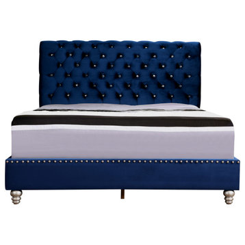 Maxx Navy Blue Tufted Upholstered King Panel Bed