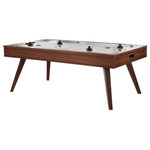 HB Home - Mid-Century Modern Air Hockey Table - The Mid-Century Modern Air Hockey Table pairs sleek, mid-century minimalist style with classic air hockey gameplay. This modern air hockey table features angled legs and a smooth, medium brown finish in Honey Mist. The table includes 4 pucks, 4 goalies, and 2 manual inset scoring systems as well as adjustable leg levelers and a powerful single fan for optimized gameplay.