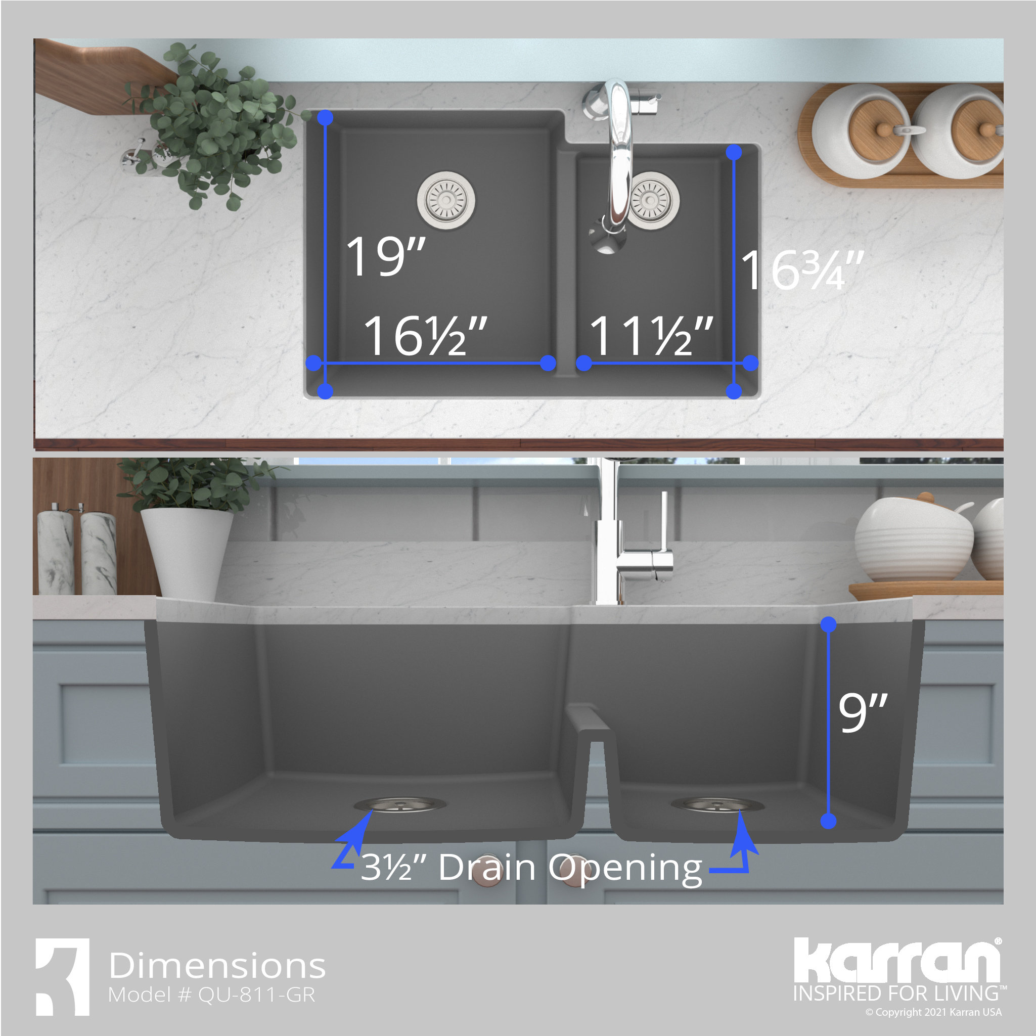 Karran 32" Undermount Large/Small Bowl Quartz Kitchen Sink, Grey