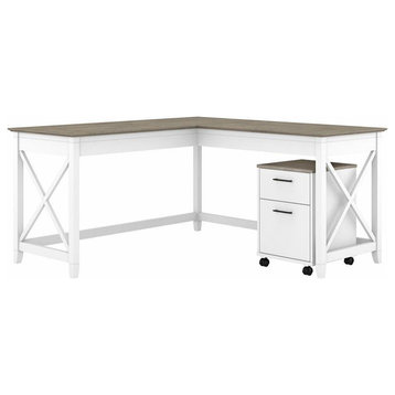 Key West L Desk with Mobile File Cabinet in White and Gray - Engineered Wood