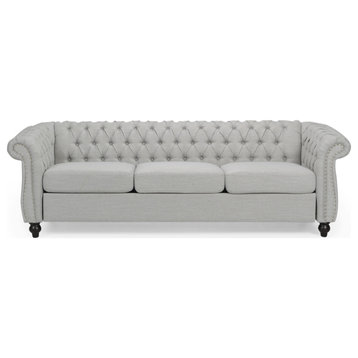 Adetokunbo Tufted Chesterfield Fabric 3 Seater Sofa, Cloud Gray/Dark Brown