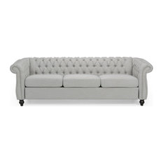 Adetokunbo Tufted Chesterfield Fabric 3 Seater Sofa, Cloud Gray/Dark Brown