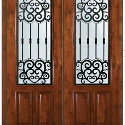 Prehung Double Door 96 Wood Alder Barcelona 2/3 Lite Wrought Iron - Front Doors
