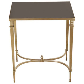 French Gold Metal Black Granite Side Table, Minimalist Classic Brass