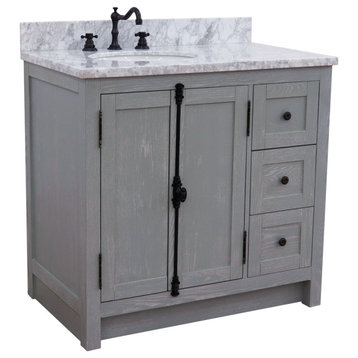 37" Single Vanity, Gray Ash With White Carrara Top, Left Doors/Left Oval Sink
