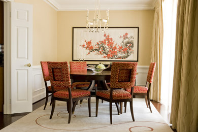 Mid-sized asian separate dining room in DC Metro with beige walls, dark hardwood floors, no fireplace and brown floor.