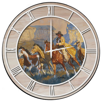 Wall Clock With Woodgrain Accent, A Cowboy Day, White Numbers, 24"x24"
