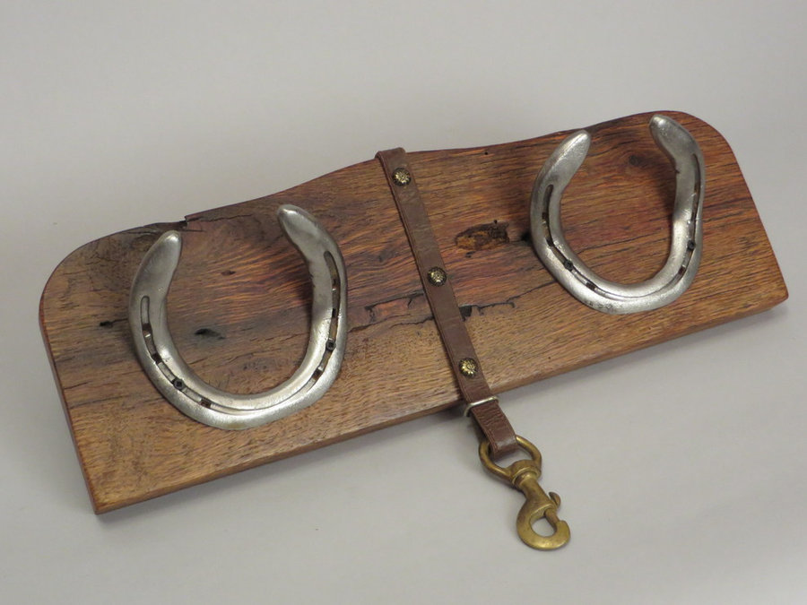 #R15057 Coat Rack Reclaimed Red Oak, horseshoes, leather.