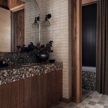 Antique Elm Paneling and Oak Trim in Modern Lakehouse Bathroom
