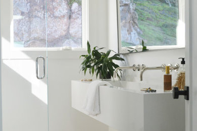 Bathroom - mid-sized contemporary 3/4 bathroom idea in San Francisco with open cabinets and white cabinets