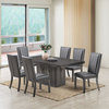 Voight 6 Piece Pedestal Dining Set, Gray Wood and Vinyl, Table, 6 Chairs