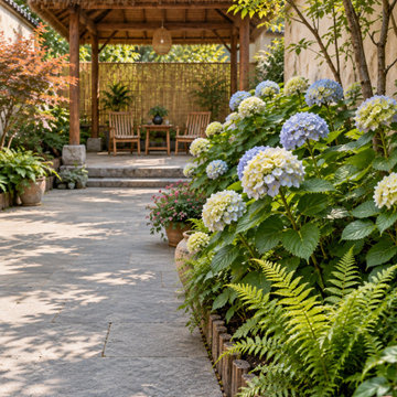 Rustic Courtyard with a Tea Pavilion and Layered Planting