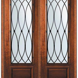 Prehung Double Door 96 Mahogany La Salle 3/4 Lite Wrought Iron - Front Doors