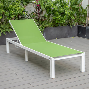 LeisureMod Marlin Patio Chaise Lounge Chair With White Frame, Green