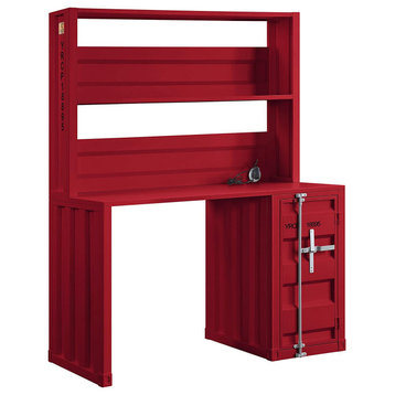Unique Cargo Desk, Metal Frame With Integrated Hutch and Storage Cabinet, Red