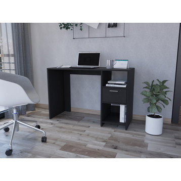 Arlington Computer Desk with Drawer, 2 Open Storage Shelves and Legs, Black