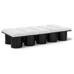 Meridian Furniture - Pavilion Black Boucle Fabric Bench, Cream, Black Finish, 77.5" W X 36" D X 17.5" H - Bring valuable seating and remarkable style to your space with this cream Pavilion Boucle Fabric Bench, an exquisite balance of style and usability for the entryway, bedroom, and beyond. Crafted from oak veneer with a black finish, this bench has a 4-inch-thick seat cushion that's channel-tufted for a touch of luxury. The bench's columnar bases add a dash of Art Deco design, making it a captivating focal point in any room.