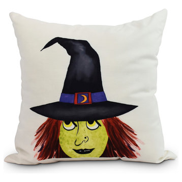 Peek A Boo Witch Cream Halloween Print Decorative Throw Pillow, 18"