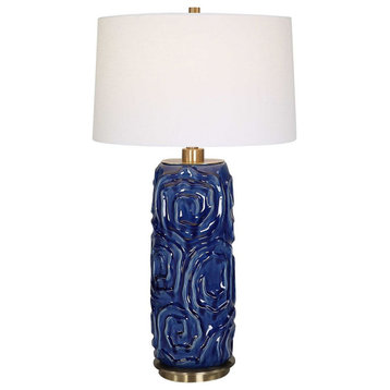 Luxe Dark Blue Spiral Scroll Sculpture Table Lamp Organic Rose Modern Texture