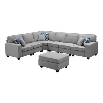 Casanova 7-Piece Modular Sectional Sofa With Ottoman, Light Gray Linen