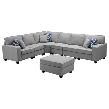Casanova 7-Piece Modular Sectional Sofa With Ottoman, Light Gray Linen