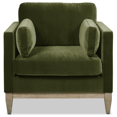 Knox 36" Modern Farmhouse Loose Pillow-Back Accent Arm Chair, Olive Green Performance Velvet