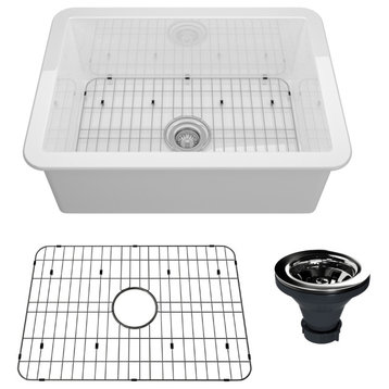 27in Undermount Single Bowl Fireclay Kitchen Sink with Grid and Drainer, Glossy White