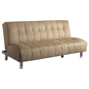Adjustable Futon, Beige Microfiber Seat With Buttonless Tufting & Chrome Legs