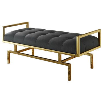 Elegant Accent Bench, Comfortable Tufted PU Leather Seat With Golden Base, Grey