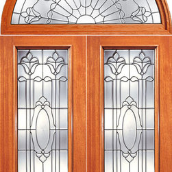 Double Door with Round Transom, Full Lite Twin Flower Design Glass - Front Doors