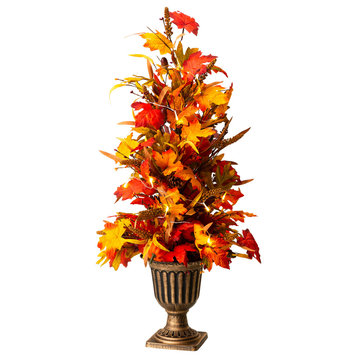 36"H Fall Lighted Maple Leaves Urn Potted Porch Tree, 20 Warm White Lights