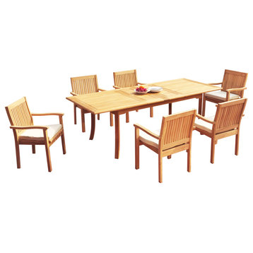 7-Piece Outdoor Teak Dining Set: 94" Rectangle Table, 6 Leveb Stacking Arm Chair