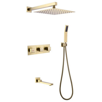 Wall Mounted Complete Shower System With Rough-In Valve & Swivel Tub Faucet, Brushed Gold