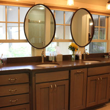 vanity in front of windows