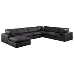 Meridian Furniture - Comfy Upholstered U-Shaped Modular Sectional, Black, 7-Piece: 3 Armless Chair, 3 Corner Chair, 1 Ottoman, Vegan Leather - Give your space a whole new look with this black Comfy vegan leather sectional. This handsome sectional fits nicely with other items in the Comfy collection and is a versatile seating option designed for adaptability, comfort and style. Wrapped in rich black durable vegan leathered upholstery, this sectional offers a plush embrace of overstuffed down feather cushions, carefully crafted to deliver the highest level of comfort. The perfect seat for creating an oasis for relaxation, this sectional has thick foam surrounding its frame for added support and coziness.