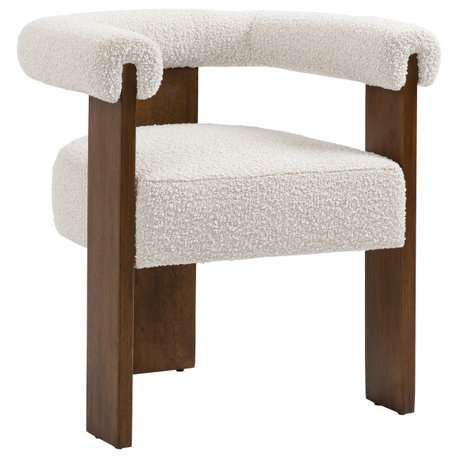 Barrel Boucle Fabric Upholstered Dining Chair, Cream, Walnut Finish