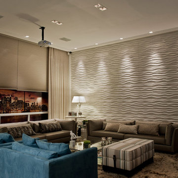 Contemporary living room with three dimensional white wall tiles
