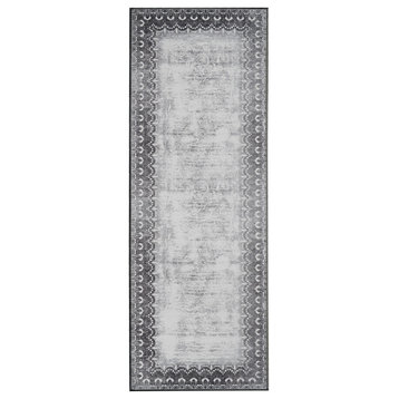My Magic Carpet Washable Rug Dardon Bordered Grey, 2.5' X 7'