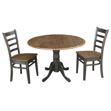 42" Dual Drop Leaf Table with 2 Emily Side Chairs, 3-Piece Set, Hickory/Washed Coal