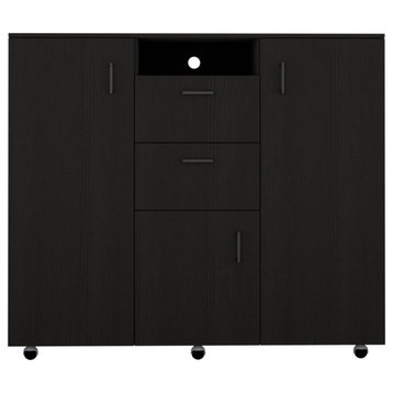 Sicilia Cabinet Dresser with 2 Drawers, Open Shelf, Rod, and 4 Casters, Black