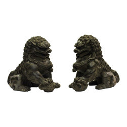 Pair Chinese Distressed Brown Black Marble Like Fengshui Foo Dogs - Decorative Objects And Figurines