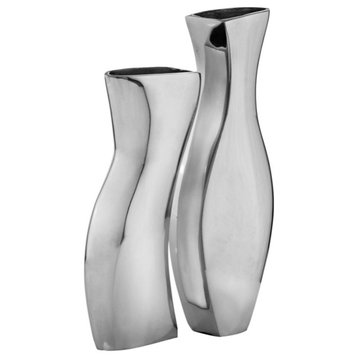 Set of Two Aluminum Silver Novelty Table Vases