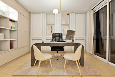 Idées déco pour un bureau moderne de taille moyenne avec un mur blanc, sol en stratifié, aucune cheminée, un bureau indépendant et un sol marron.