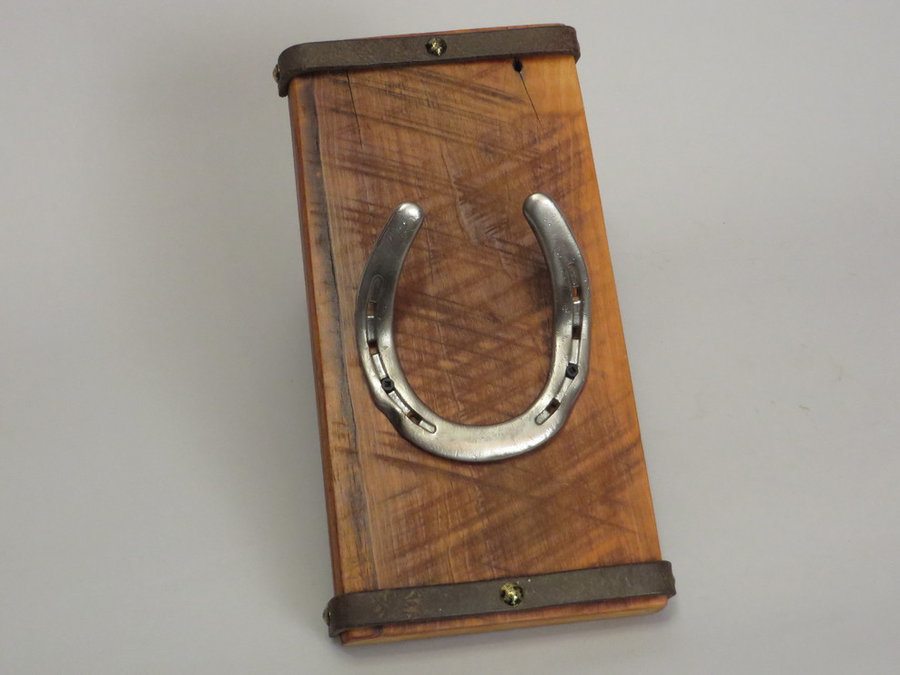 #R15025 Coat Rack Reclaimed Poplar, horseshoes, leather.