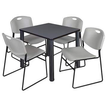 Kee 30" Square Breakroom Table, Gray/ Black and 4 Zeng Stack Chairs, Gray