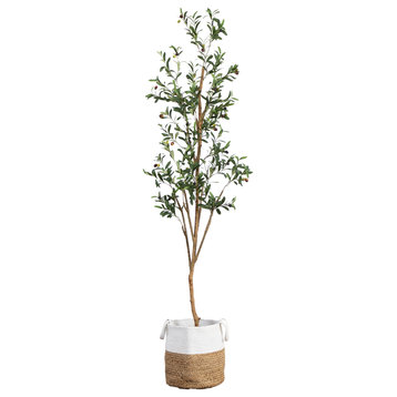7ft. Artificial Olive Tree With Natural Trunk and Handmade Jute Basket
