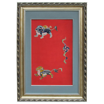Antiques Chinese Foo Dog Playing Fireball Embroidery Painting Wall Decor